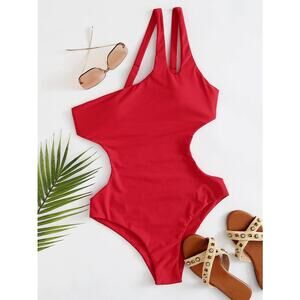 SHEIN Cut Out One Shoulder One Piece Red Swimsuit M Medium Swim Baywatch NWOT